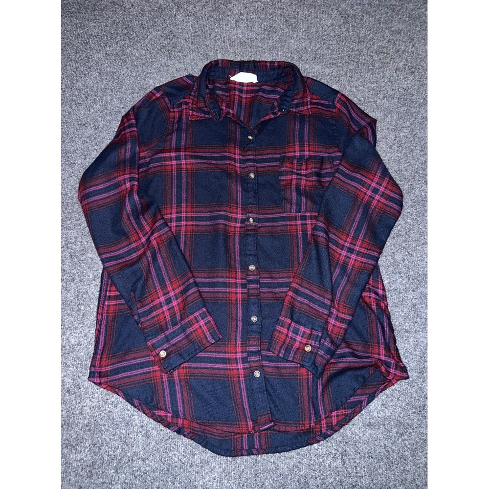 Hollister Women Small Navy Blue Pink Plaid Flannel Button Down Shirt 3W2931